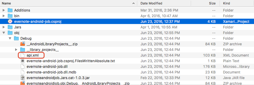 Location of the api.xml file in the obj/Debug folder